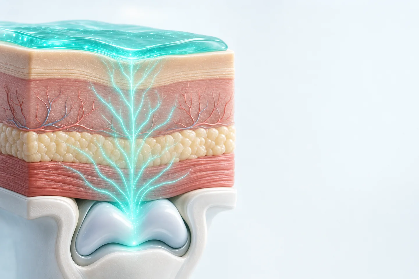 Schema: Aufnahme des Gels durch Hautschichten bis zum Gelenk